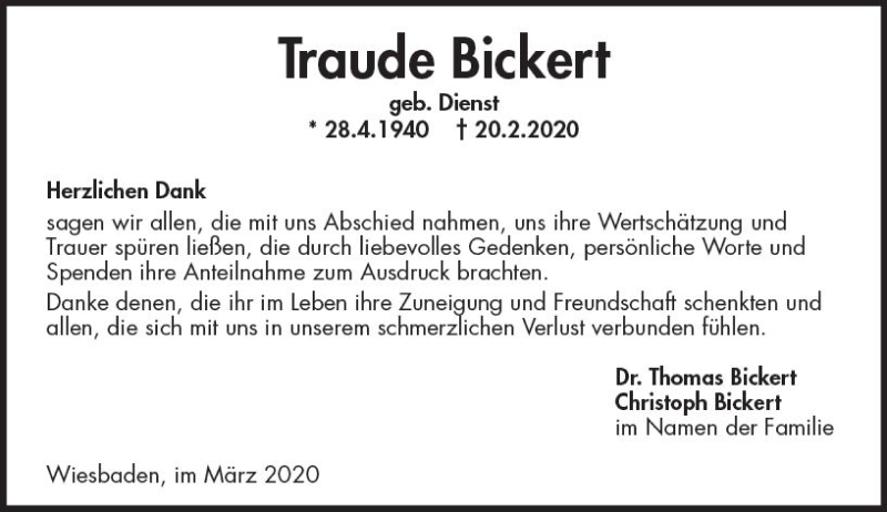  Traueranzeige für Traude Bickert vom 21.03.2020 aus vrm-trauer