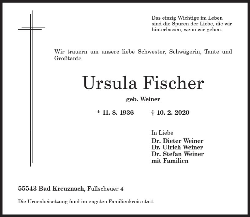  Traueranzeige für Ursula Fischer vom 10.03.2020 aus vrm-trauer