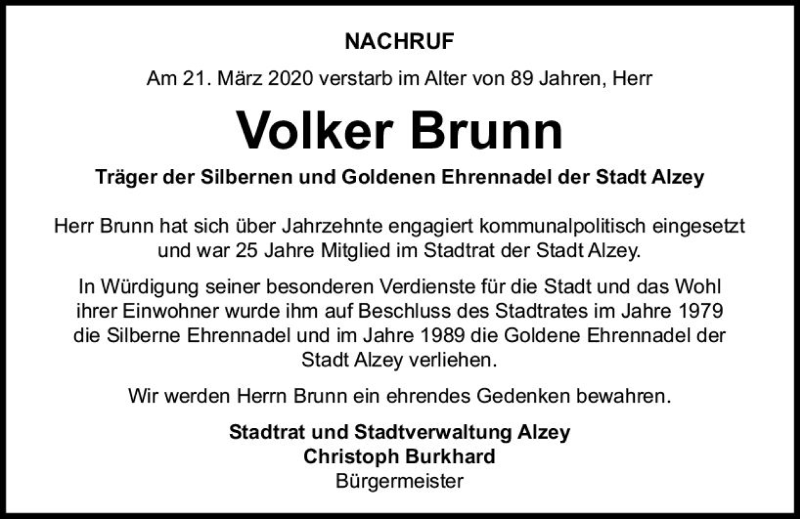  Traueranzeige für Volker Brunn vom 27.03.2020 aus vrm-trauer