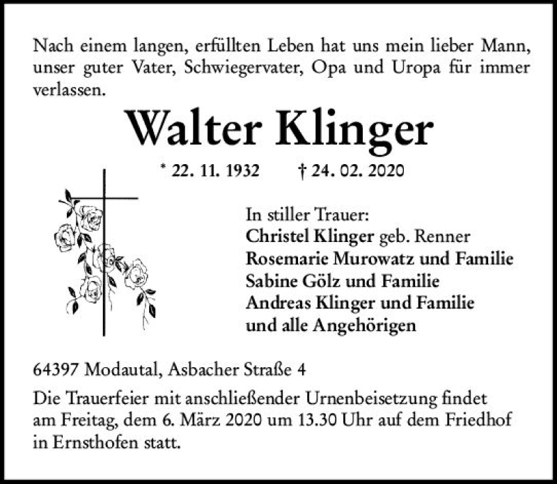  Traueranzeige für Walter Klinger vom 04.03.2020 aus vrm-trauer