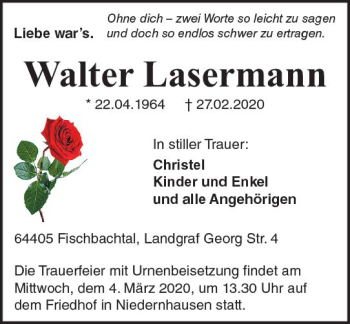 Traueranzeige von Walter Lasermann von vrm-trauer