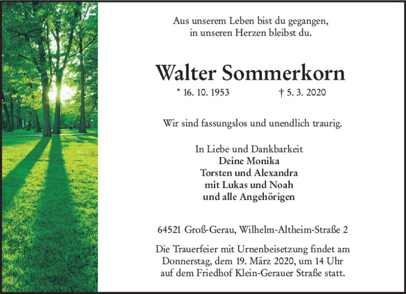  Traueranzeige für Walter Sommerkorn vom 14.03.2020 aus vrm-trauer