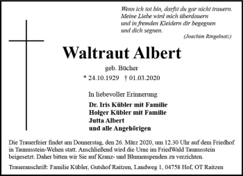 Traueranzeige von Waltraut Albert von vrm-trauer