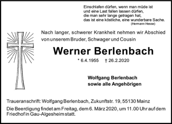 Traueranzeige von Werner Berlenbach von vrm-trauer