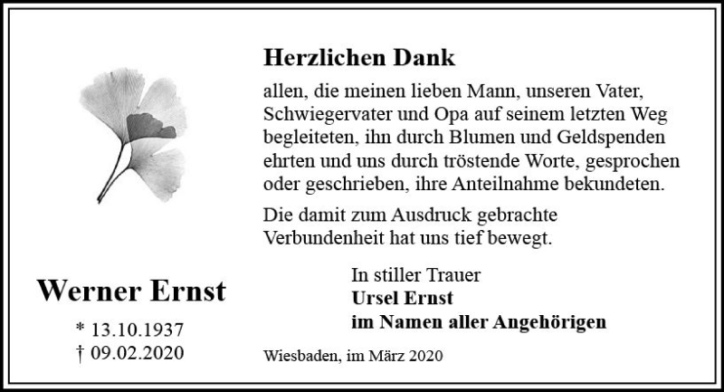  Traueranzeige für Werner Ernst vom 07.03.2020 aus vrm-trauer