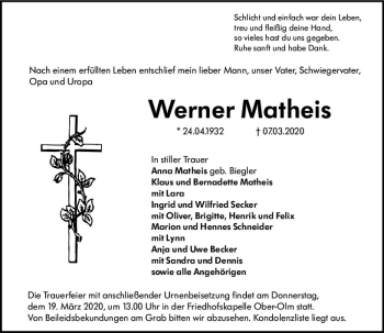Traueranzeige von Werner Matheis von vrm-trauer