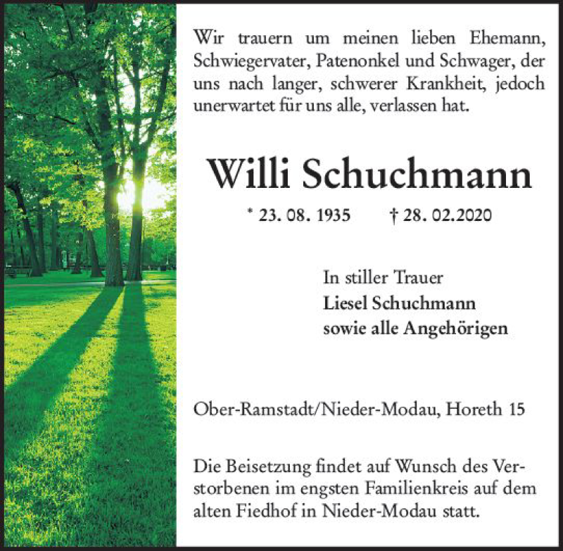  Traueranzeige für Willi Schuchmann vom 07.03.2020 aus vrm-trauer
