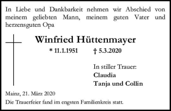 Traueranzeige von Winfried Hüttenmayer von vrm-trauer