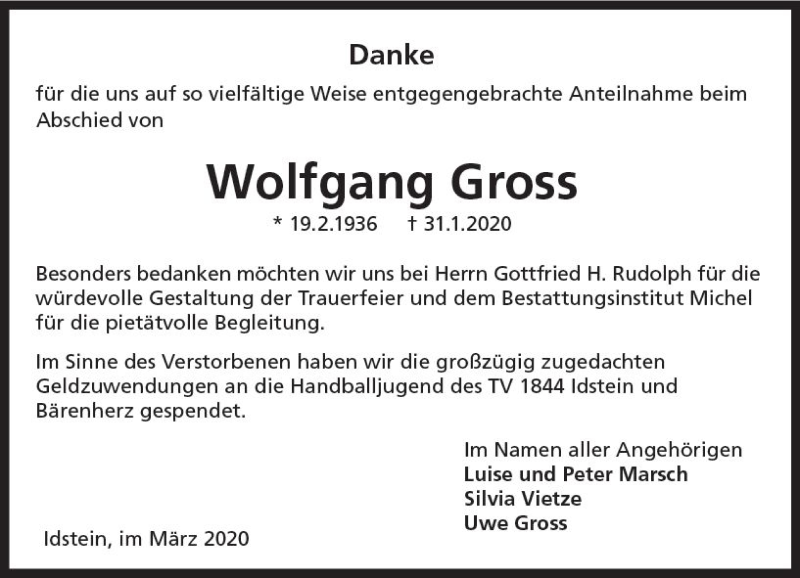 Traueranzeige für Wolfgang Gross vom 07.03.2020 aus vrm-trauer