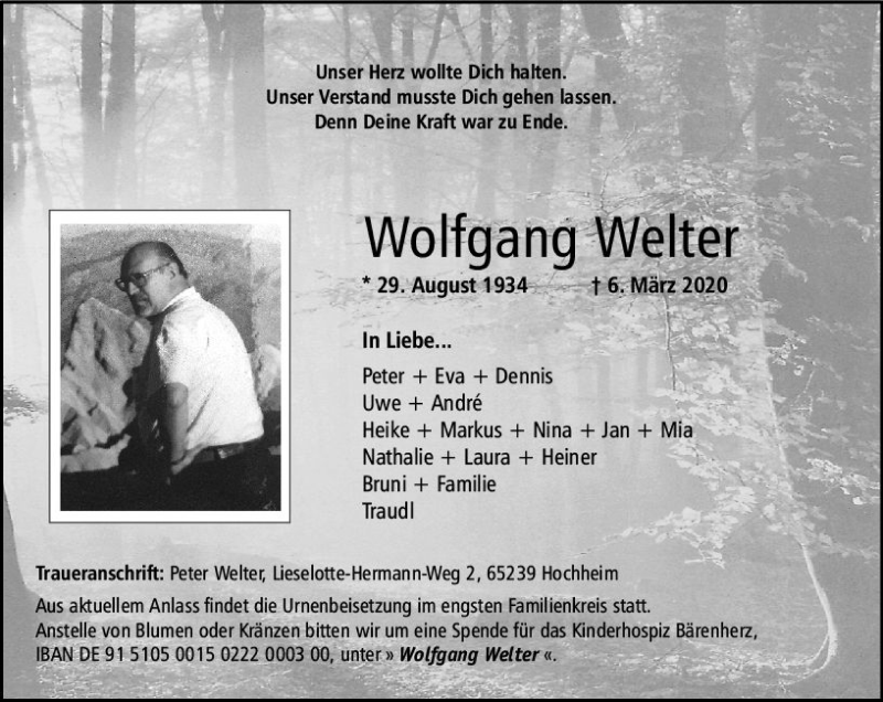  Traueranzeige für Wolfgang Welter vom 21.03.2020 aus vrm-trauer