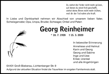 Traueranzeige von Georg Reinheimer von VRM Tageszeitungen