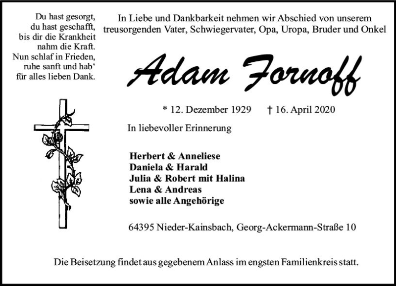  Traueranzeige für Adam Fornoff vom 18.04.2020 aus vrm-trauer
