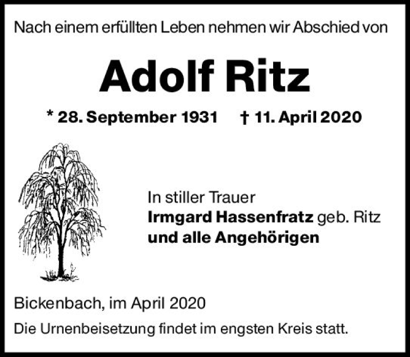 Traueranzeige für Adolf Ritz vom 18.04.2020 aus vrm-trauer