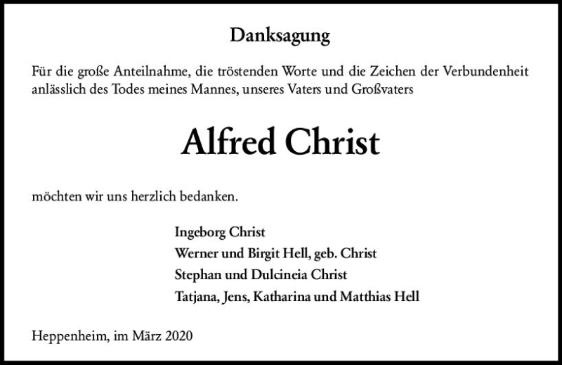  Traueranzeige für Alfred Christ vom 28.03.2020 aus vrm-trauer