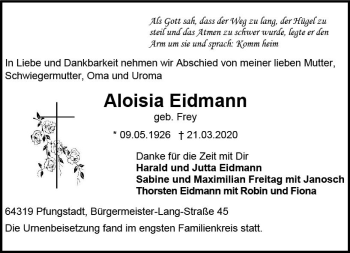 Traueranzeige von Aloisia Eidmann von vrm-trauer