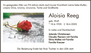Traueranzeige von Aloisia Reeg von vrm-trauer