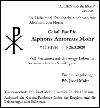 Traueranzeige von Alphons Mohr von vrm-trauer