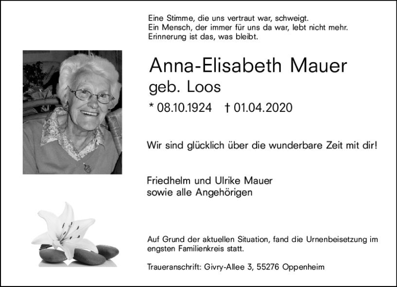 Traueranzeige für Anna-Elisabeth Mauer vom 16.04.2020 aus vrm-trauer