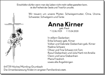 Traueranzeige von Anna Kirner von vrm-trauer