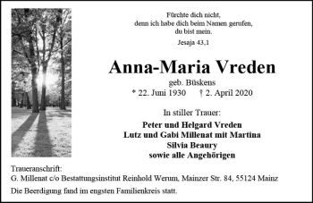 Traueranzeige von Anna-Maria Vreden von vrm-trauer