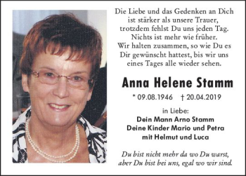 Traueranzeige von Anna Helene Stamm von vrm-trauer