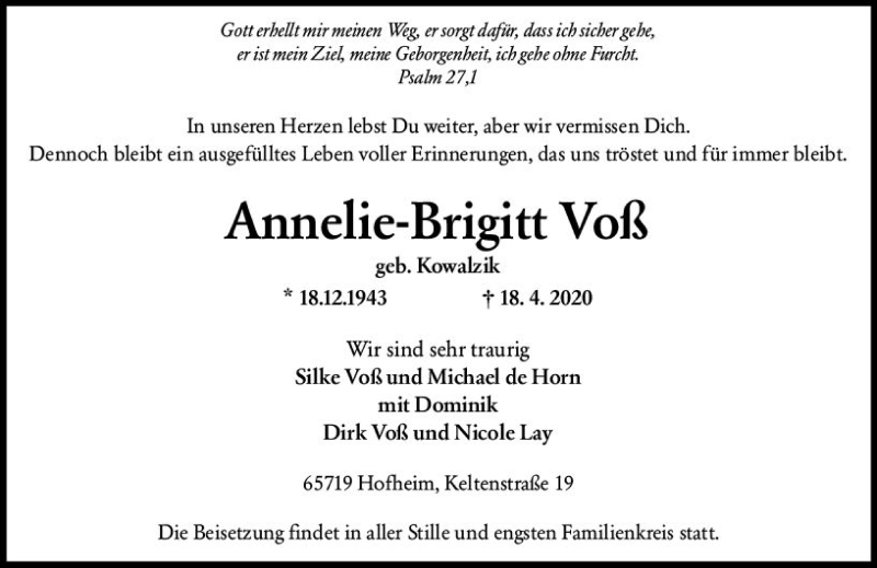  Traueranzeige für Annelie-Brigitt Voß vom 24.04.2020 aus vrm-trauer