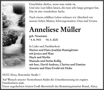 Traueranzeige von Anneliese Müller von vrm-trauer