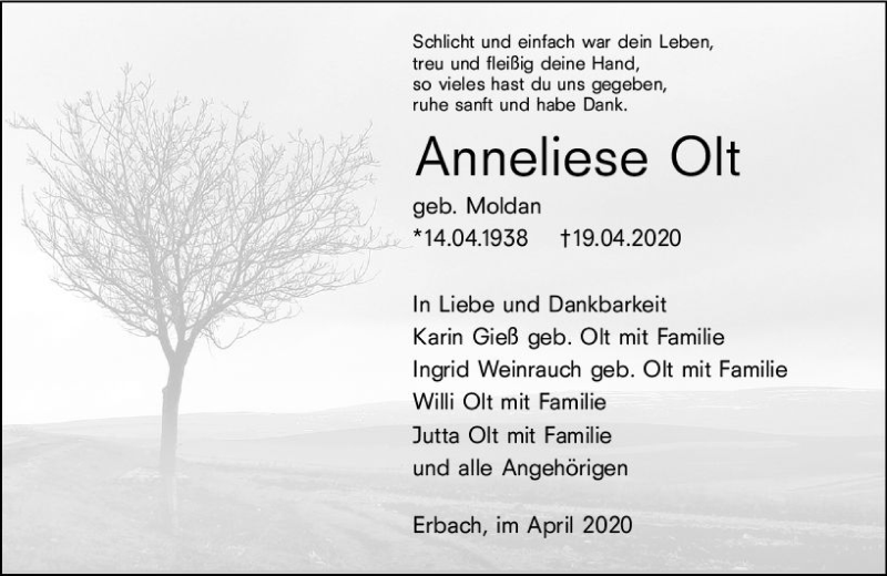  Traueranzeige für Anneliese Olt vom 25.04.2020 aus vrm-trauer