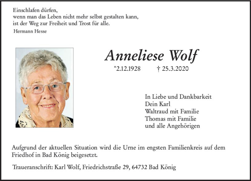  Traueranzeige für Anneliese Wolf vom 28.03.2020 aus vrm-trauer