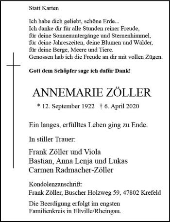 Traueranzeige von Annemarie Zöller von vrm-trauer