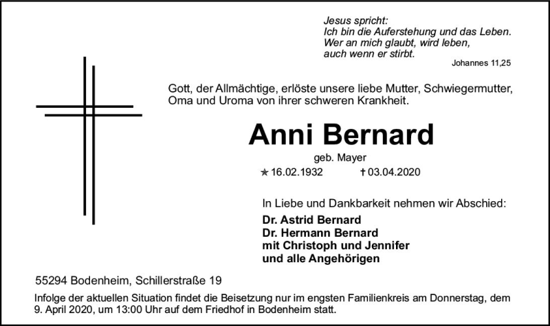  Traueranzeige für Anni Bernard vom 08.04.2020 aus vrm-trauer