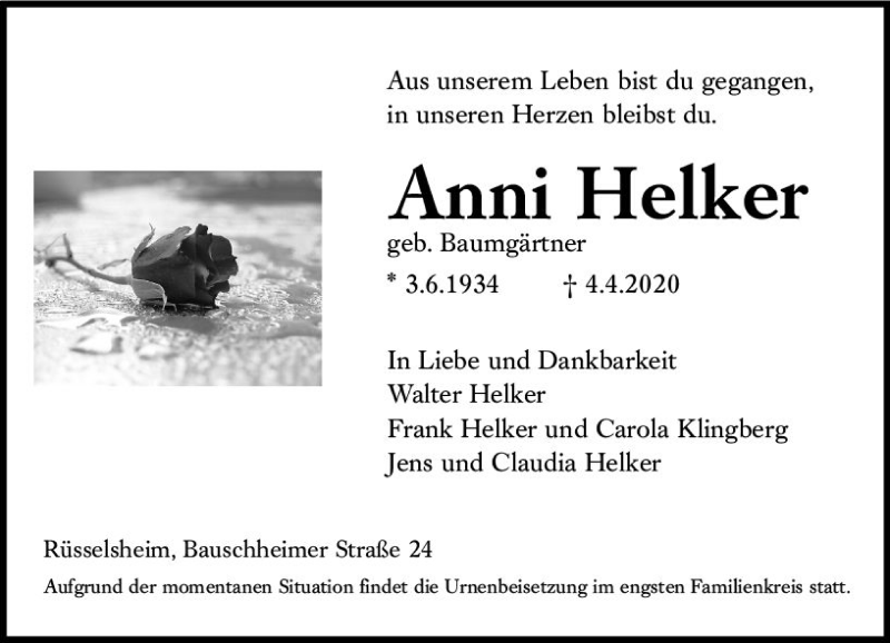  Traueranzeige für Anni Helker vom 11.04.2020 aus vrm-trauer