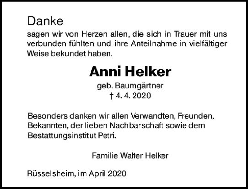  Traueranzeige für Anni Helker vom 25.04.2020 aus vrm-trauer