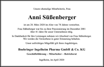 Traueranzeige von Anni Süßenberger von vrm-trauer