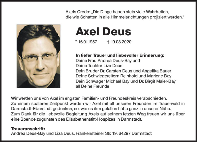  Traueranzeige für Axel Deus vom 28.03.2020 aus vrm-trauer