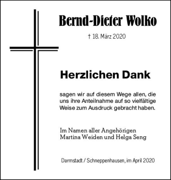 Traueranzeige von Bernd-Dieter Wolko von vrm-trauer