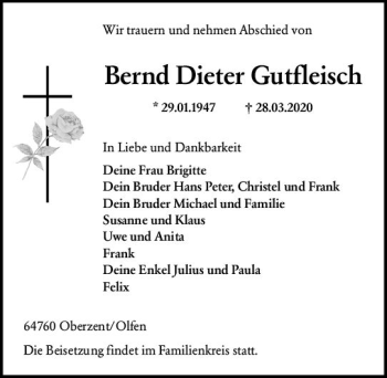 Traueranzeige von Bernd Dieter Gutfleisch von vrm-trauer