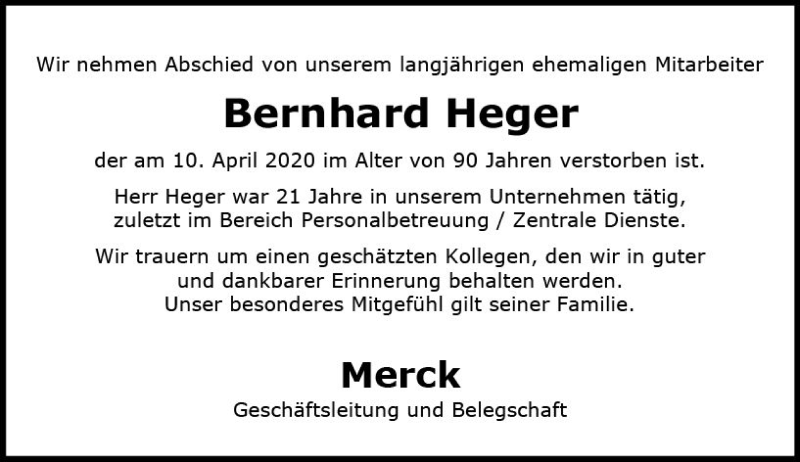  Traueranzeige für Bernhard Heger vom 24.04.2020 aus vrm-trauer