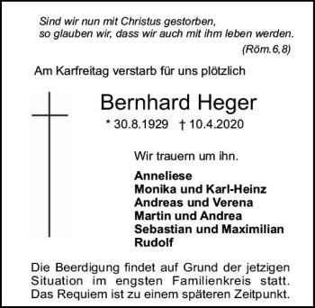 Traueranzeige von Bernhard Heger von vrm-trauer
