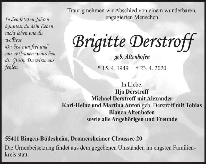  Traueranzeige für Brigitte Derstoff vom 27.04.2020 aus vrm-trauer