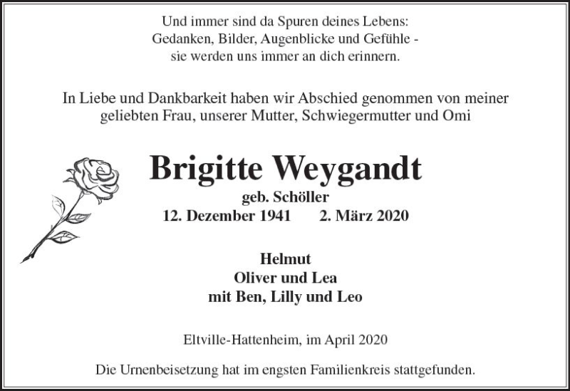  Traueranzeige für Brigitte Weygandt vom 25.04.2020 aus vrm-trauer