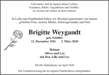 Traueranzeige von Brigitte Weygandt von vrm-trauer