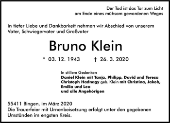 Traueranzeige von Bruno Klein von vrm-trauer