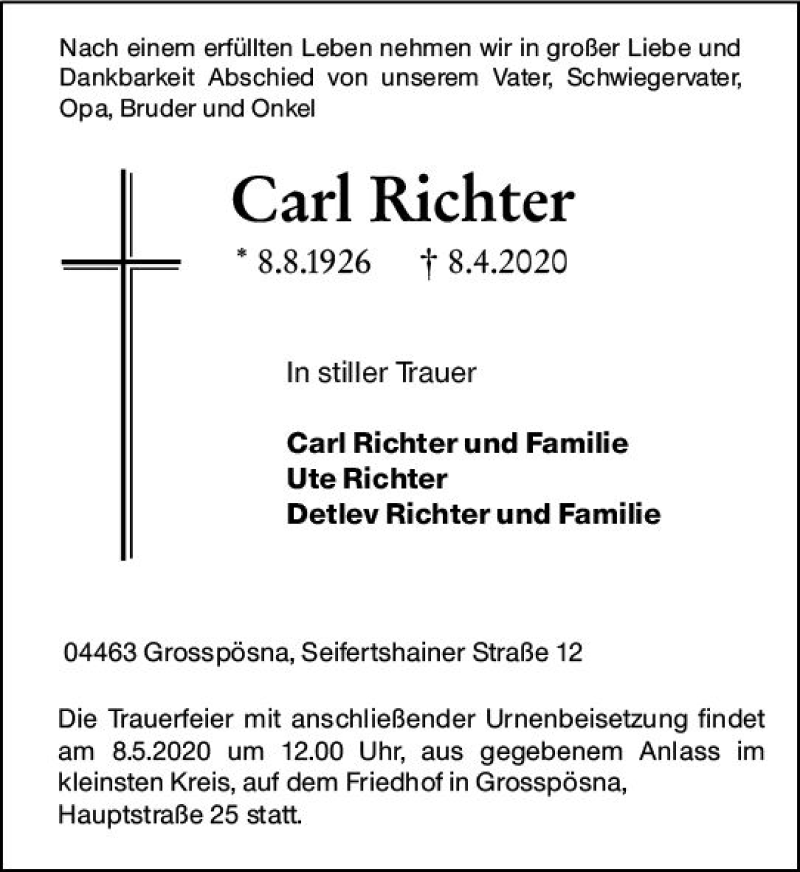  Traueranzeige für Carl Richter vom 18.04.2020 aus vrm-trauer
