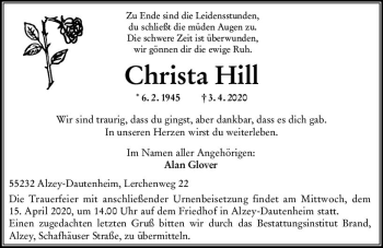 Traueranzeige von Christa Hill von vrm-trauer