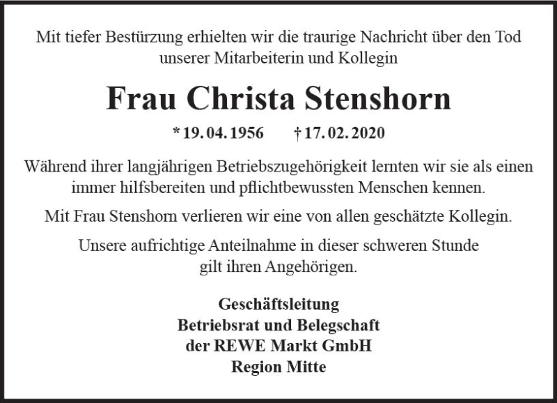  Traueranzeige für Christa Stenshorn vom 28.03.2020 aus vrm-trauer