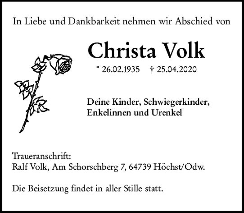  Traueranzeige für Christa Volk vom 29.04.2020 aus vrm-trauer