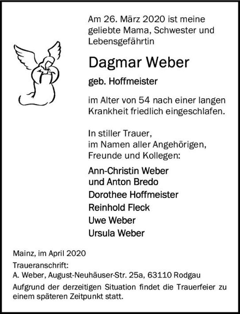  Traueranzeige für Dagmar Weber vom 04.04.2020 aus vrm-trauer