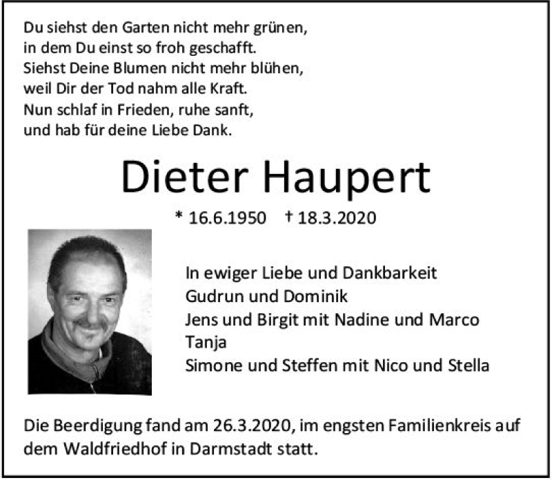  Traueranzeige für Dieter Haupert vom 28.03.2020 aus vrm-trauer