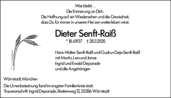 Traueranzeige von Dieter Senft-Raiß von vrm-trauer